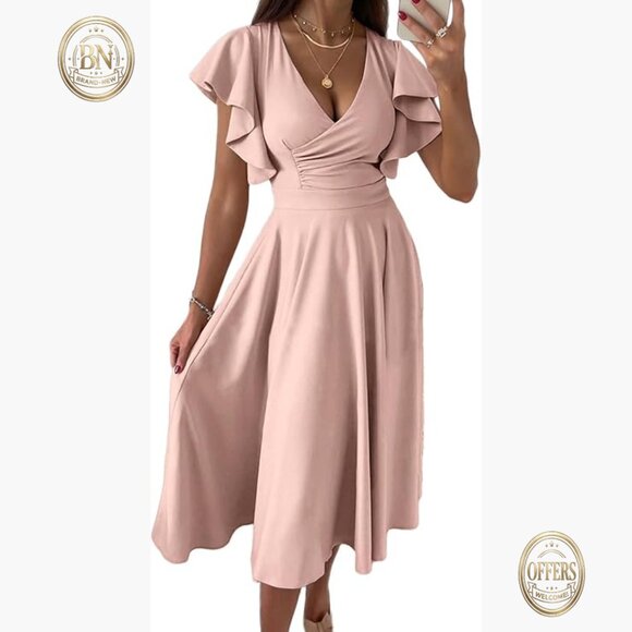 Polyester Elastane Midi Dress V Neck Ruffle Sleeve Cocktail Wedding Guest